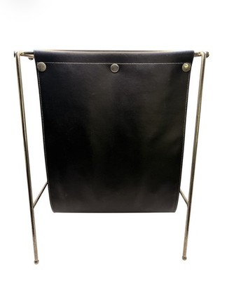 Vintage MCM Minimalist Vinyl & Chrome Jacques Adnet Style Sling Magazine Rack