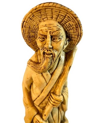 Oriental Asian Man Figurine w Bamboo Pole, Bird, Basket 11'' Tall Resin Statue