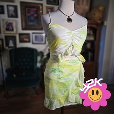 Vintage Y2K Yilibasha Tie Dye Ruffle Cutout Mini Dress Spaghetti Strap Summer