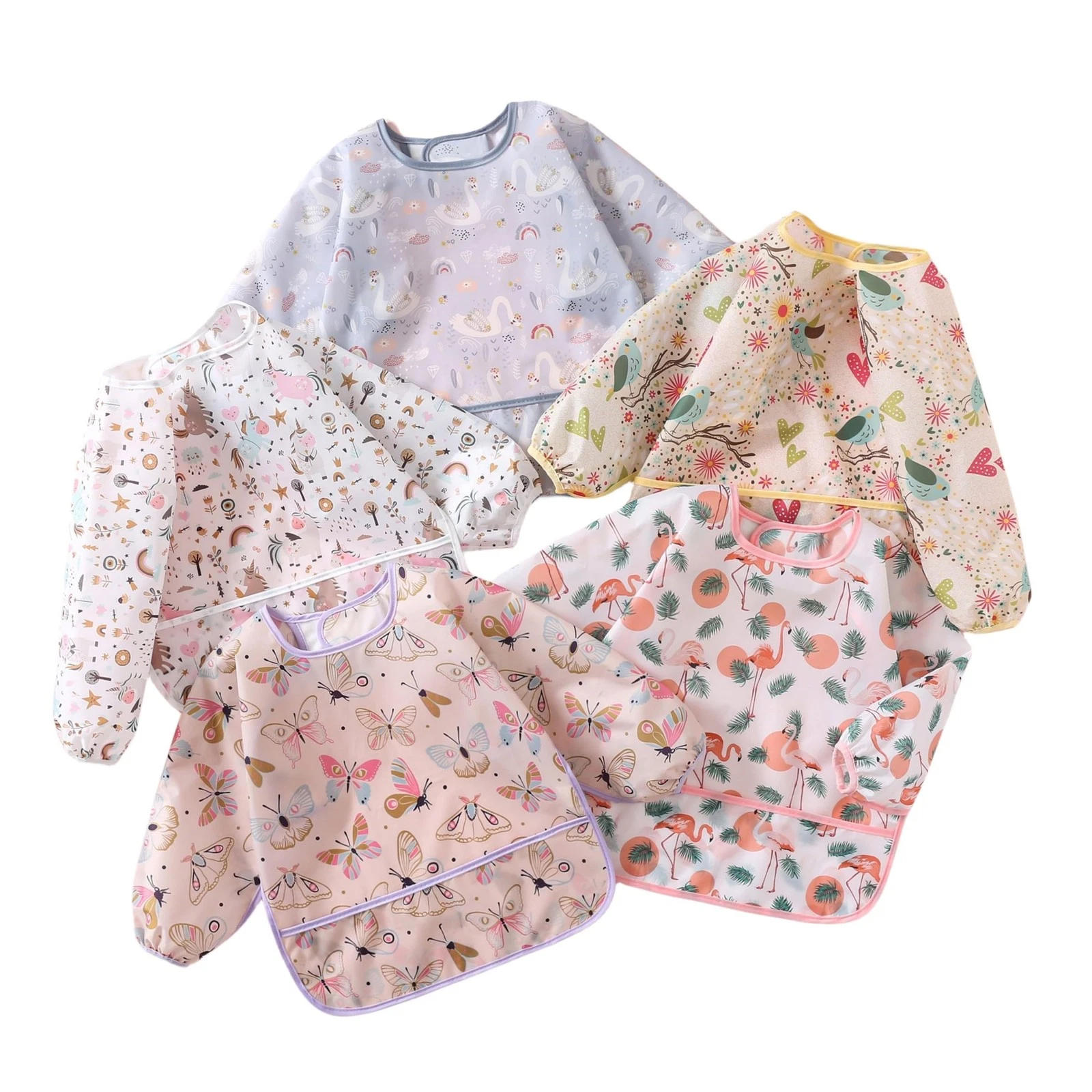 Sleeved Bib,5 Pack,Waterproof Shirt Bibs for Baby 3-24 Months Wipe Clean