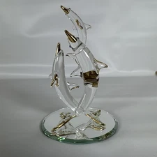 Glass Baron Dolphin Mom, Dad & Baby Figurine Gold Accents Clear Mirror