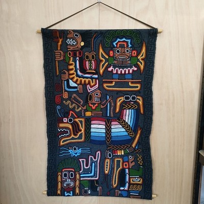 Vintage peruanische Maya Azteken bestickt Wandbehang Wolle handgewebt Volkskunst