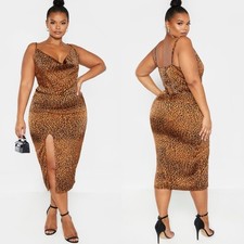 NWT PrettyLittleThing Midi Dress Womens 12 Brown Leopard Satin Cowl Neck Sexy