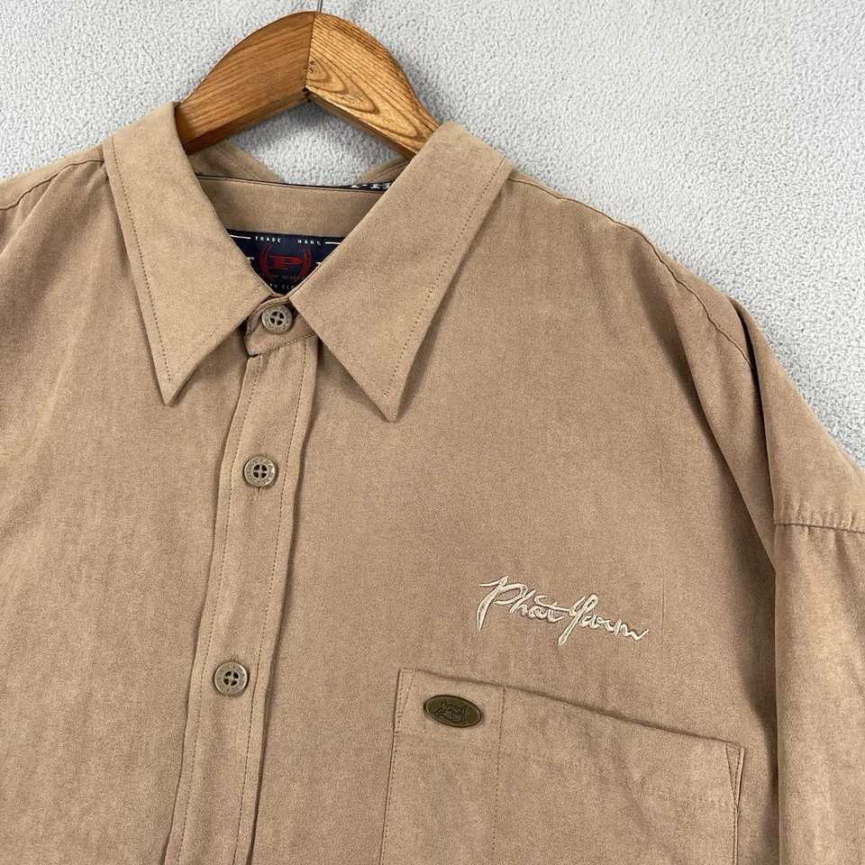 Phat Farm Shirt Men’s 3XL Brown Suede Short Sleeve Button Up Y2k Retro Logo - Image 2 of 4