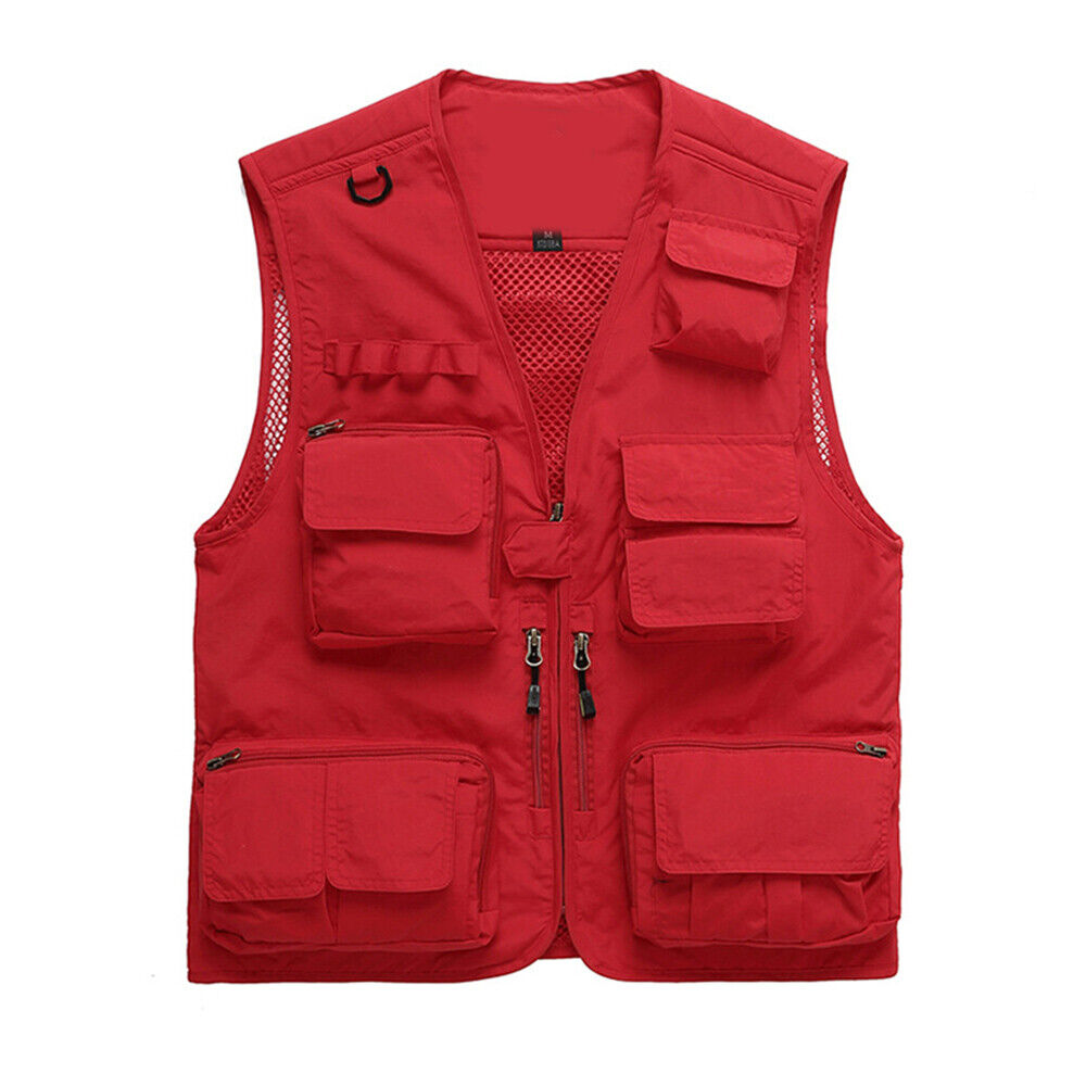 WREESH Mens Cargo Vest Jacket Quick Drying Hiking Vest Breathable Mesh Work Vest  Fishing Vests with Multi Pockets Red 