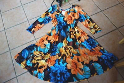 MAGNA Kleid 52 54 NEU Blumen bunt orange blau Stretch A-Form LAGENLOOK