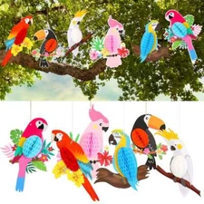 6x Tropical Birds Hanging Parrot Paper Honeycomb Hawaiian Party Bar Wall Decor