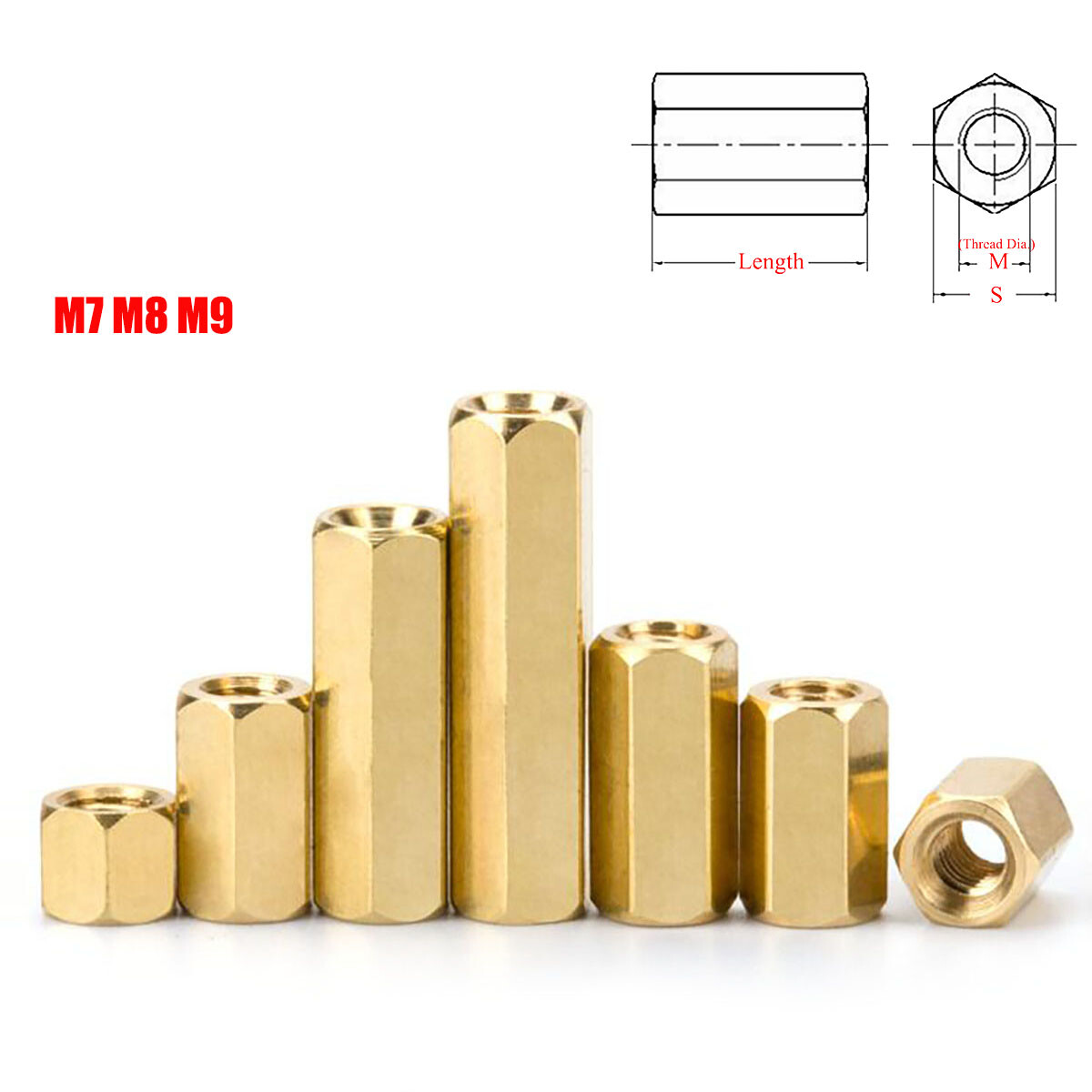 M7 M8 M9 황동 육각 나사형 스터드 커넥터 너트 육각형 암형 스탠드오프 스페이서-Freehip.co.kr