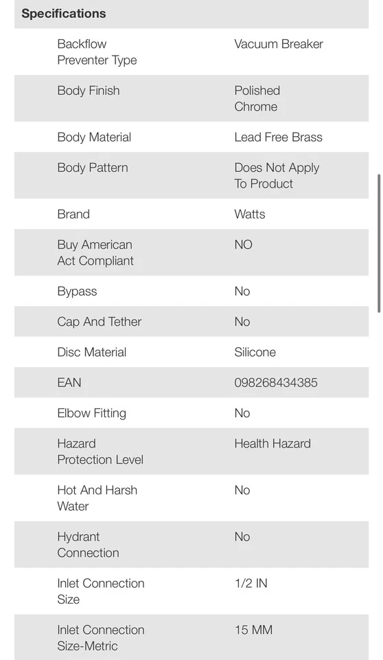 Watts 0792052 1/2" LF288AC (Anti-Siphon-Vacuum Breaker-Backflow Preventer)CHROME - Image 2 of 4