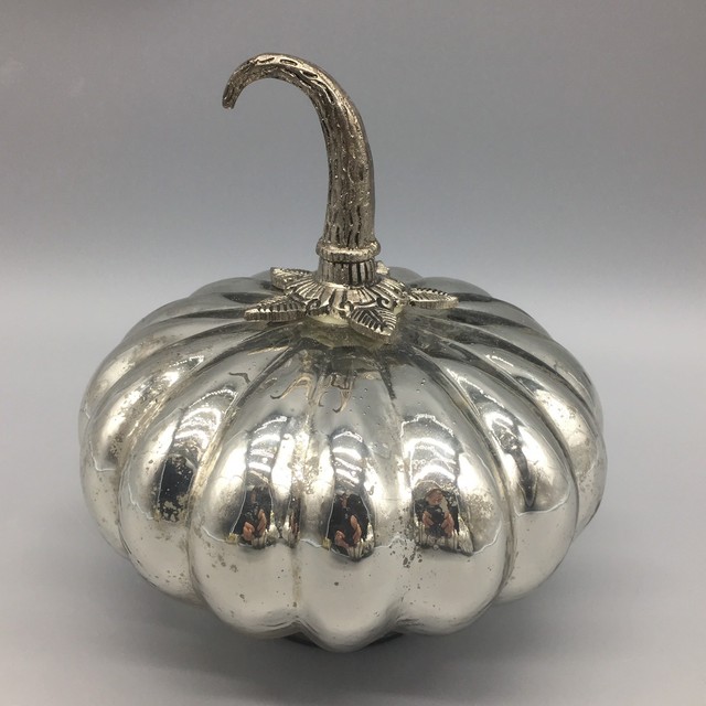 Silver Mercury Glass Pumpkin Whimsical Gourd Metal Stem Thanksgiving