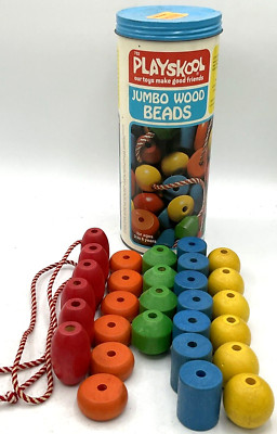 Vintage 1974 Playskool 29 Jumbo Wood Beads 1 Stringer Made in USA Child Toy