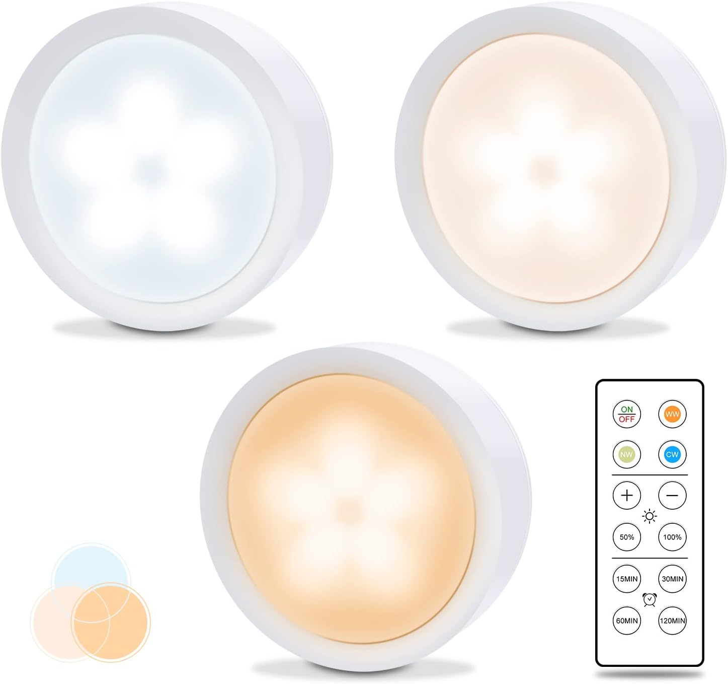 Wireless Remote LED Puck Lights with 3 Color Dimmable Battery-Operated Lighting