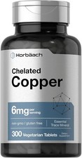 Chelated Copper Supplement 6mg, 300 Tablets, Non-Gmo  Gluten Free, by Horbaach