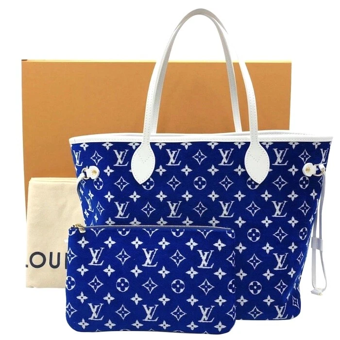 LOUIS VUITTON Neverfull MM Tote Bag Pouch M46220 Blue Monogram Velvet Auth  New