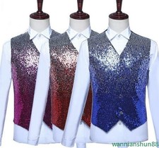Mens Single Breasted Vest Stage Show Clubwear Slim Fit Casual Sequins Waistcoats