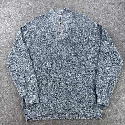 LL Bean Sweater Mens XLT Blue Cotton Henley Mock Neck Knit Made USA Pullover VTG