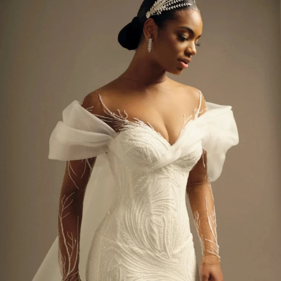 Luxury Mermaid Wedding Dresses Long Sleeves Detachable Train Feather Bridal Gown - Image 4 of 4