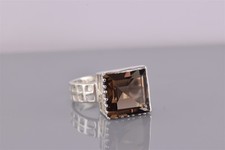 Sterling Silver Squared Smoky Quartz Openwork Cuff Band Ring 925 Sz: 7