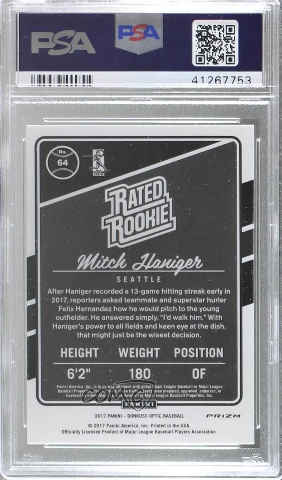 2017 Donruss Optic Rated Rookies Holo Prizm Mitch Haniger PSA 9 MINT Rookie RC - Image 2 of 2