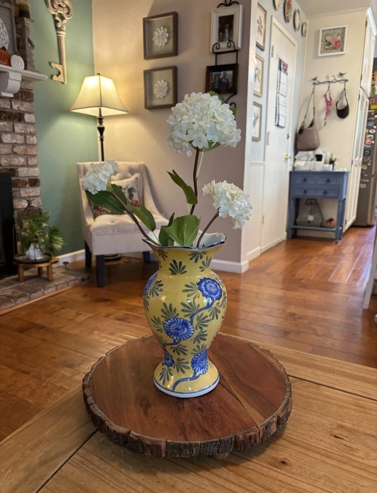 "Florero con volantes de porcelana china floral amarillo y azul Zhongguo Zhi Zao de colección 10""" Foto 4 de 4