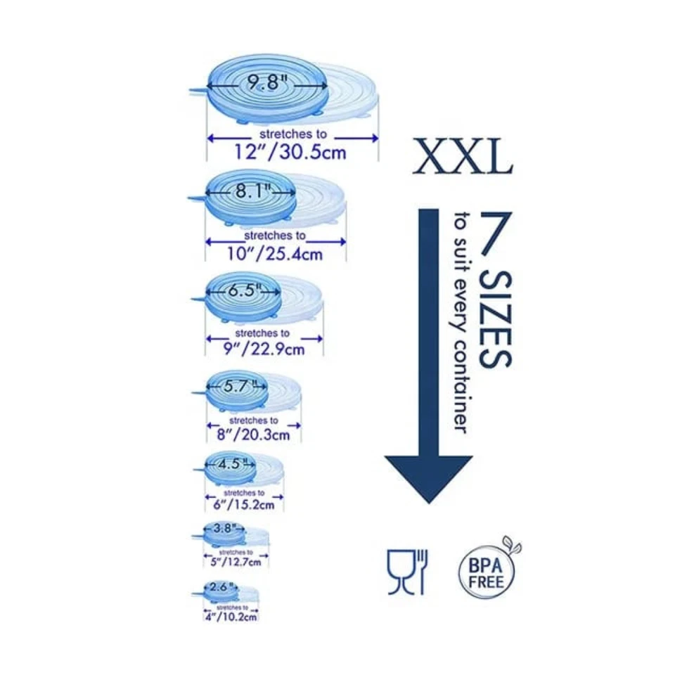 El paquete de 14 tapas elásticas de silicona incluye 2 piezas tamaño XL de hasta 9,8"" de diámetro reutilizables Foto 4 de 4