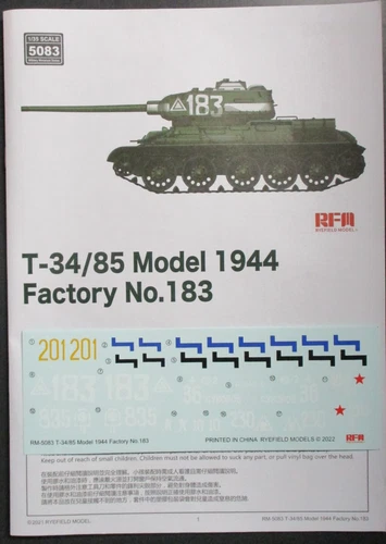 Rye Field Models 1/35th Scale Soviet T34-85 - Decals from Kit No. 5083
