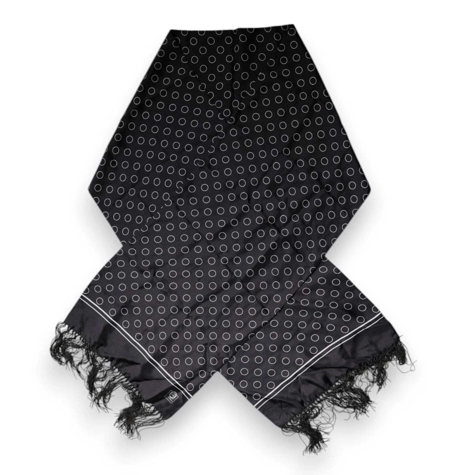 DOLCE & GABBANA Scarf Black Circles Silk Fringes Shawl Wrap 195cm x 33cm 600usd