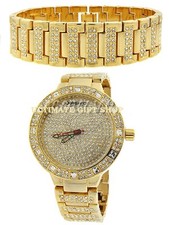 BLING GOLD TONE,PAVE BAND+OVERSIZE CRYSTAL COVERED DIAL WATCH+BRACELET K-9009