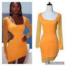Oh Polly Asymmetric Long Sleeve Cutout Mesh Bodycon Mini Dress Neon Orange 4 | S
