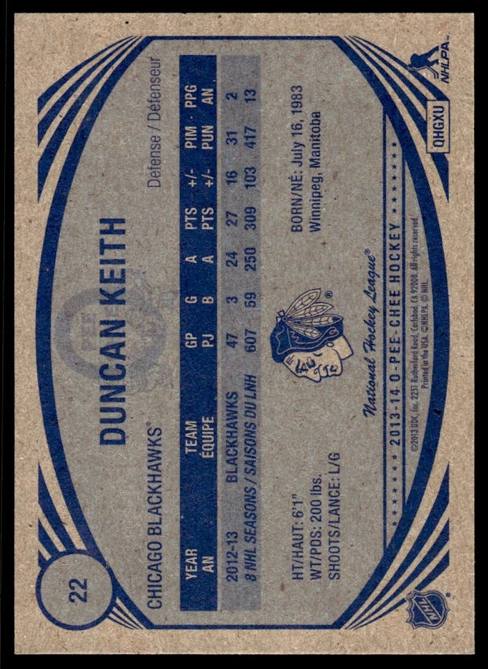 2013-14 O-Pee-Chee RETRO Duncan Keith Chicago Blackhawks #22 R97 - Image 2 of 2