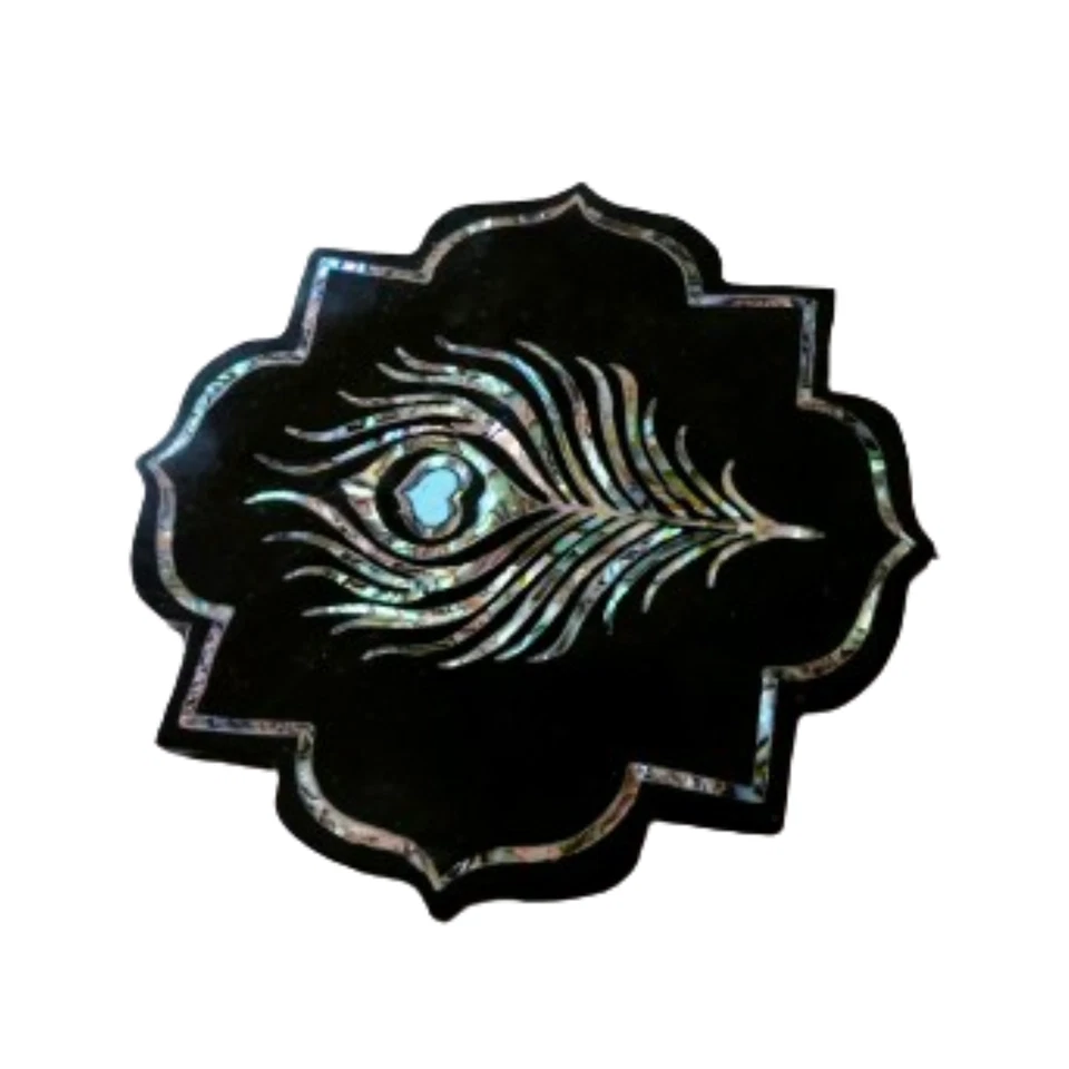 6" Black Marble  Abalone Shell Peacock Feather Work Tile Inlay Decorative, Gift. - Image 2 of 4