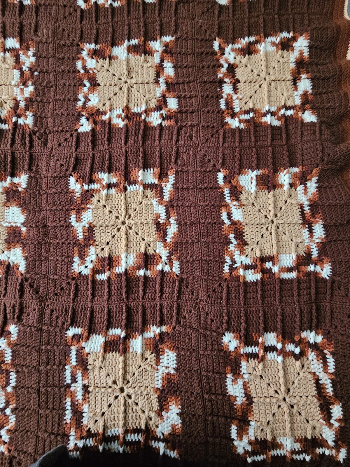  Afghan Crocheted Heavy Hand Crafted Browns Blanket 80"×83" Granny Cottage Core