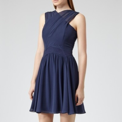 Reiss Silk Navy Boleyn Cross Front Fit & Flare Mini Size 0 Dress MSRP $425  | eBay