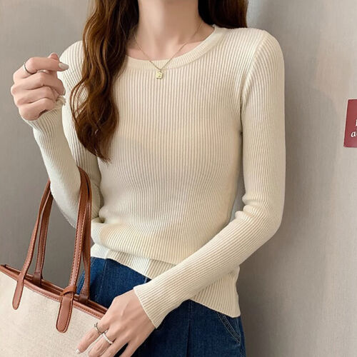 Autumn Korean Women Solid Color Round Neck Long Sleeve Slim Knitted Sweater - Picture 1 of 13
