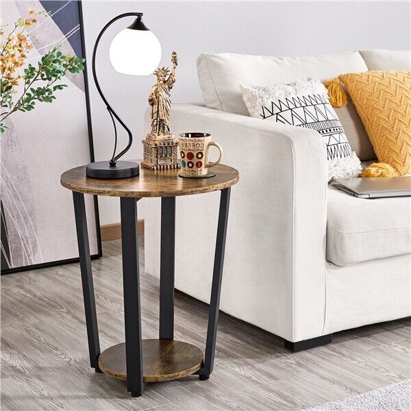 Industrial Round Side Table with Storage Sofa End Table Night Stand Metal Frame