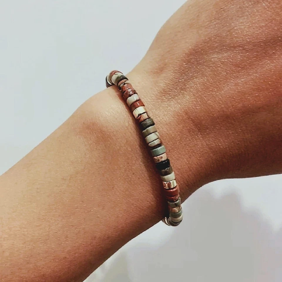 Pulsera trenzada con cuentas de piedra de jaspe natural Picasso piedras preciosas delicada pulsera Foto 2 de 3