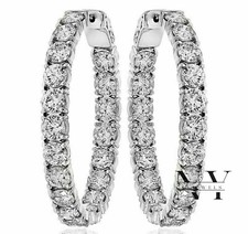 Moissanite Inside Outside Hoop Earrings Solid 14K White Gold 3 Carat Round Cut