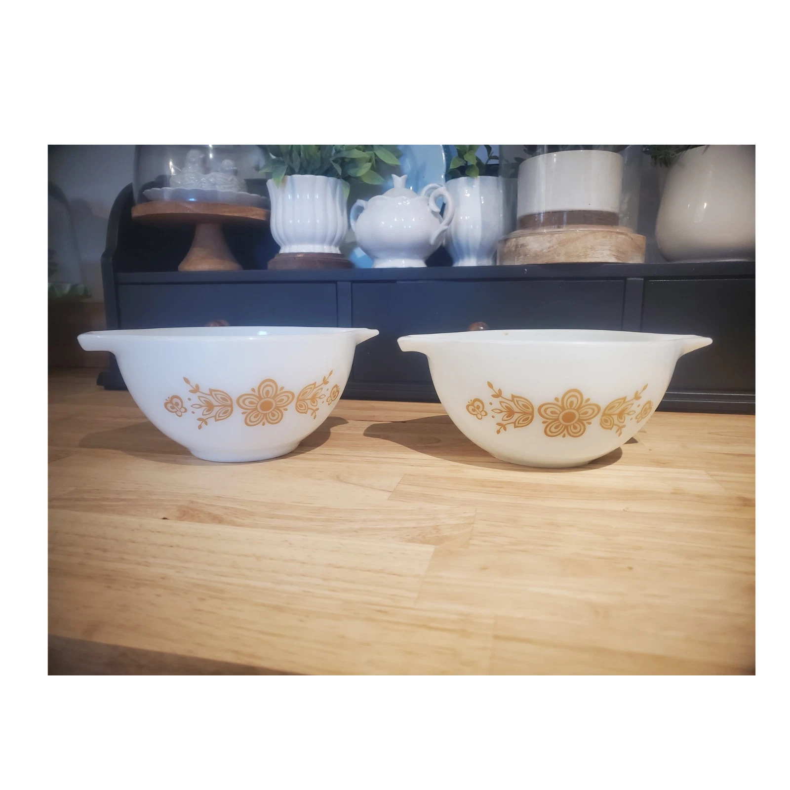 Pyrex Gold Floral Pattern White Glass Nesting Mixing Bowl Set of 2 Round Bowls
