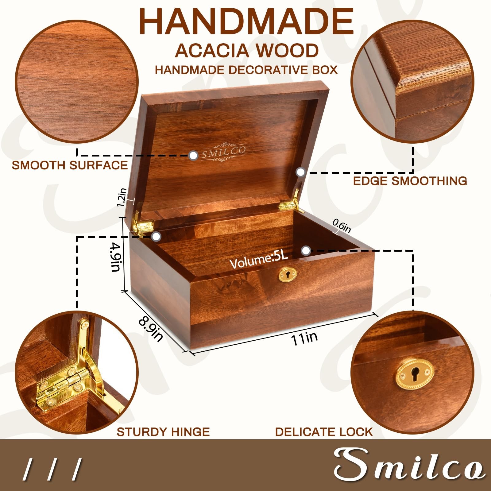 Smilco Wooden Box with Hinged Lid Acacia Wood Decorative Storage Boxes