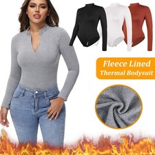 Women Fleece Lined Thermal Bodysuit Top Long Sleeve Shirts Undershirts Jumpsuit