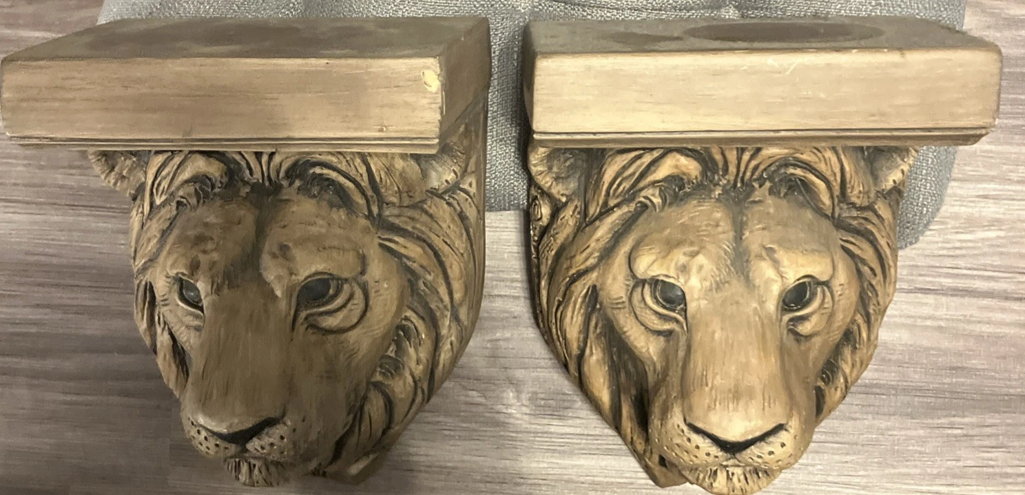 2 Decorative Lion Head Wall Shelves. 9” Tall - 6.5” Wide. Very Detailed.