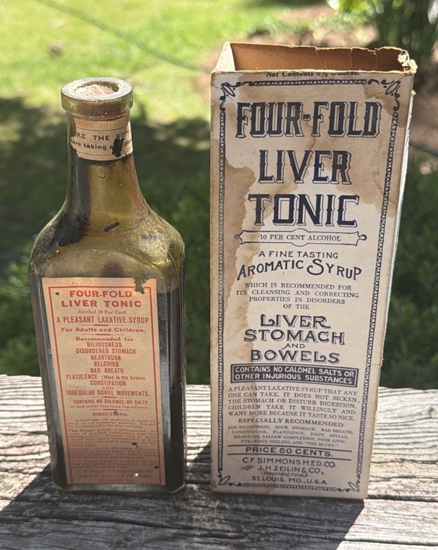 Antique Four-Fold Liver Tonic Bottle With Original Box & Contents-St Louis