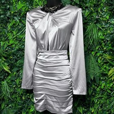 ASTR The Label Dress Medium Silver Ruched Satin Twist Front Keyhole Mini 3951