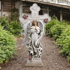Praying Angel with Cross Memorial Statue Figurine - Resin Garden Grave Decor