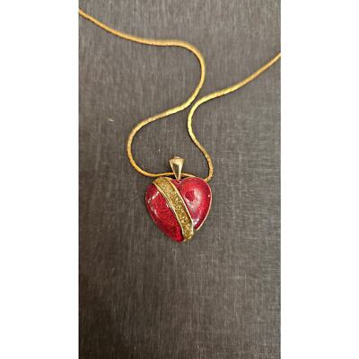 Vintage 'Royal' Red Heart Glass Metallic Glitter Pendant Necklace Gold Tone 