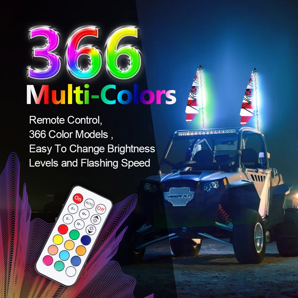 2X Para Can-Am Maverick X3 MAX 2FT Espiral RGB LED Chicote Luzes Bandeira Perseguição Remota - Imagem 4 de 4