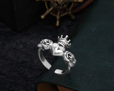 B37 Crown Ring with Heart and Roses 925 Sterling Silver