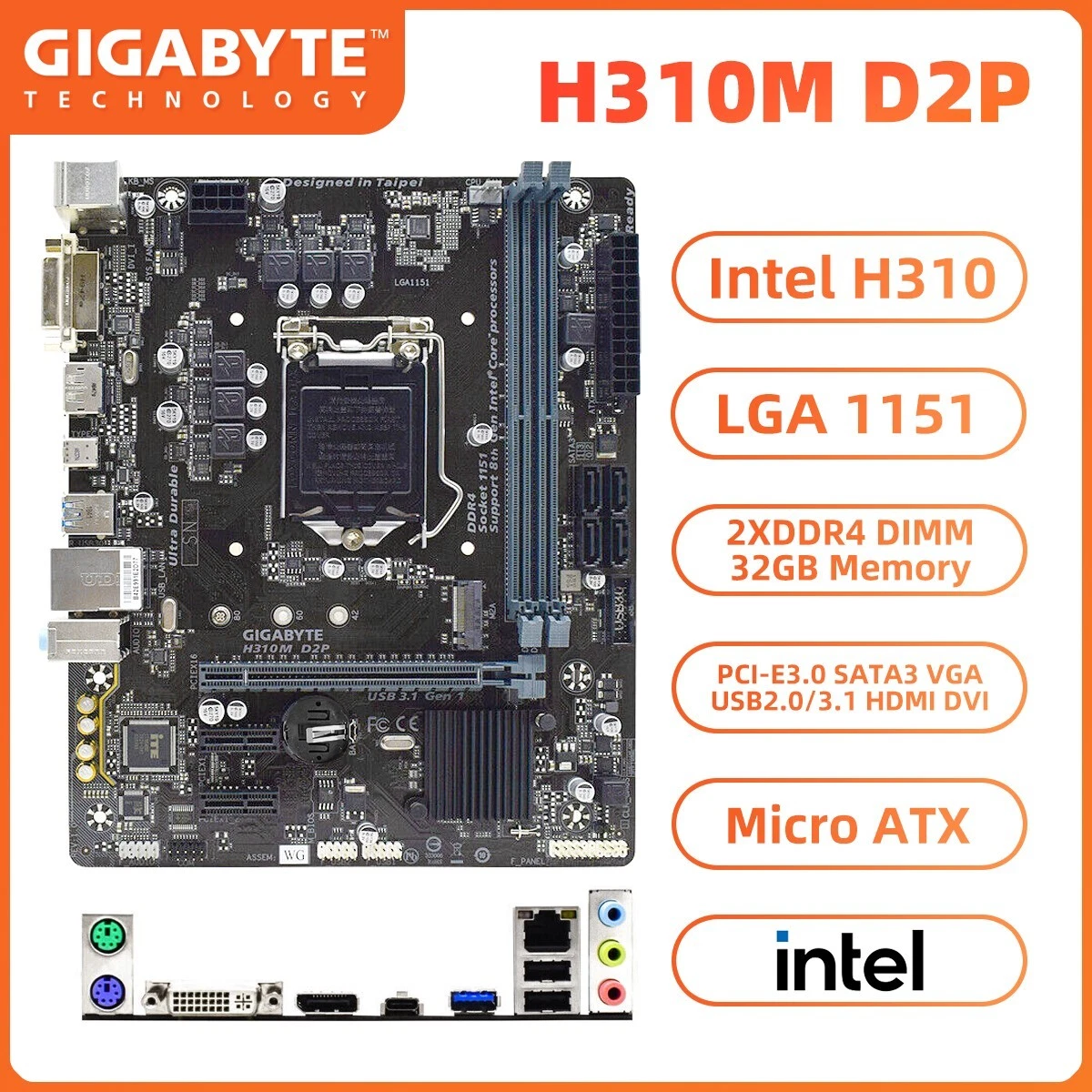 GIGABYTE H310M D2P Motherboard M ATX Intel H310 LGA1151 DDR4 32GB DVI DP I O