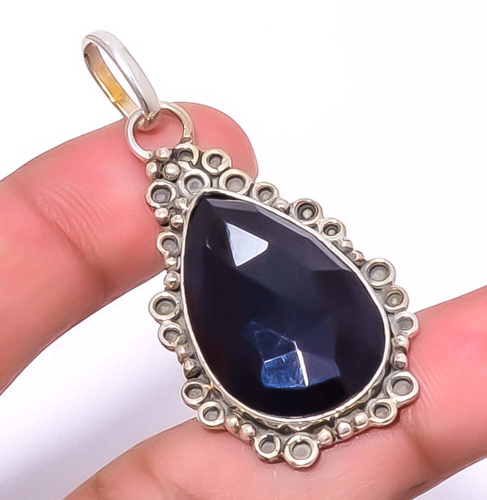 Black Onyx Brazil Gemstone 925 Sterling Silver Bali Pendant 1.95 Inch P1829-26