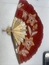 VTG Indonesian cloth hand fan floral design Wooden Handle